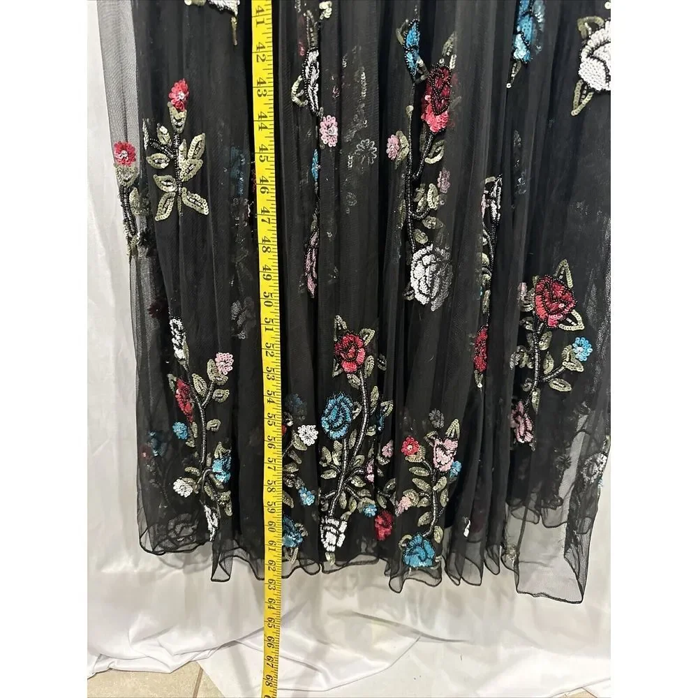 NWT $698 Mac Duggal [ 8 ] V Neck‎ Embellished Floral Sequined Gown Black #G1635 - Picture 5 of 15